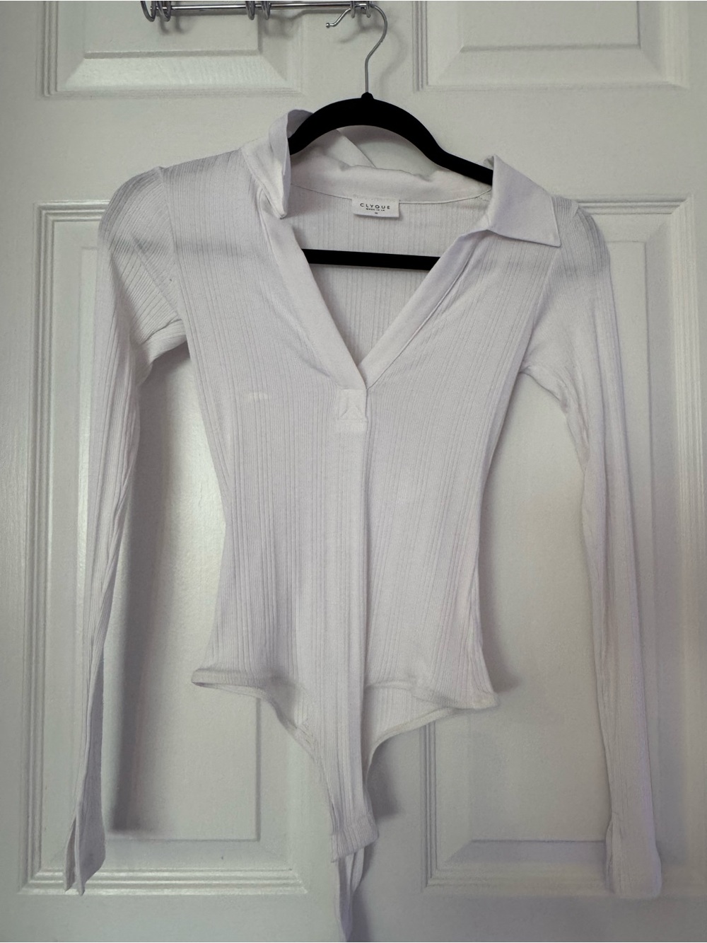 Ribbed V-Neck Long Sleeve White Bodysuit with Collar